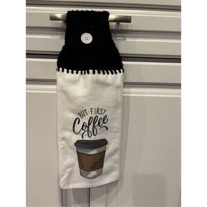 Crochet Top Kitchen Towel-But First Coffee-gray towel